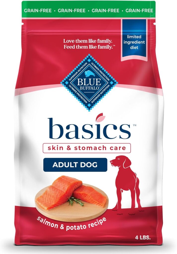 Blue Buffalo Basics Grain-Free Adult Dry Dog Food, Skin  Stomach Care, Limited Ingredient Diet for Dogs, Salmon Recipe, 4-lb. Bag