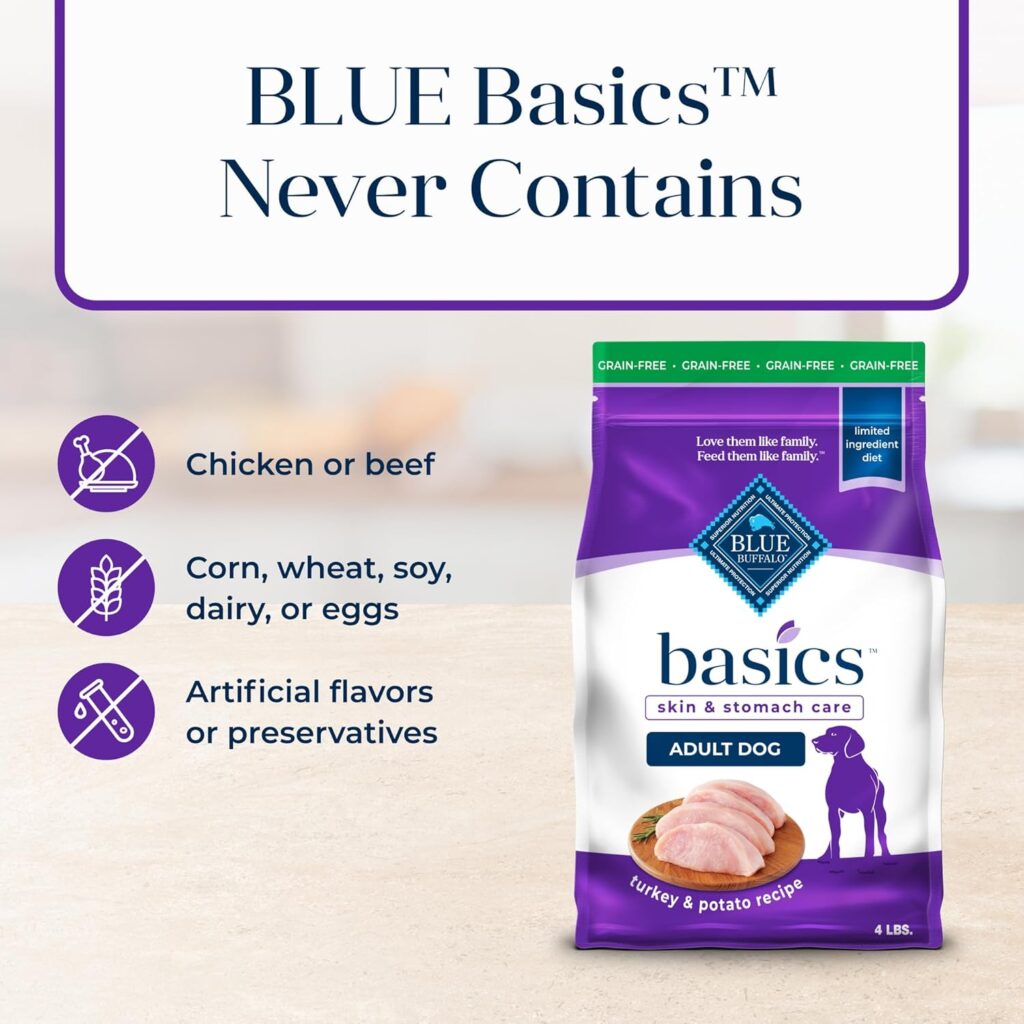 Blue Buffalo Basics Grain-Free Adult Dry Dog Food, Skin  Stomach Care, Limited Ingredient Diet for Dogs, Salmon Recipe, 4-lb. Bag