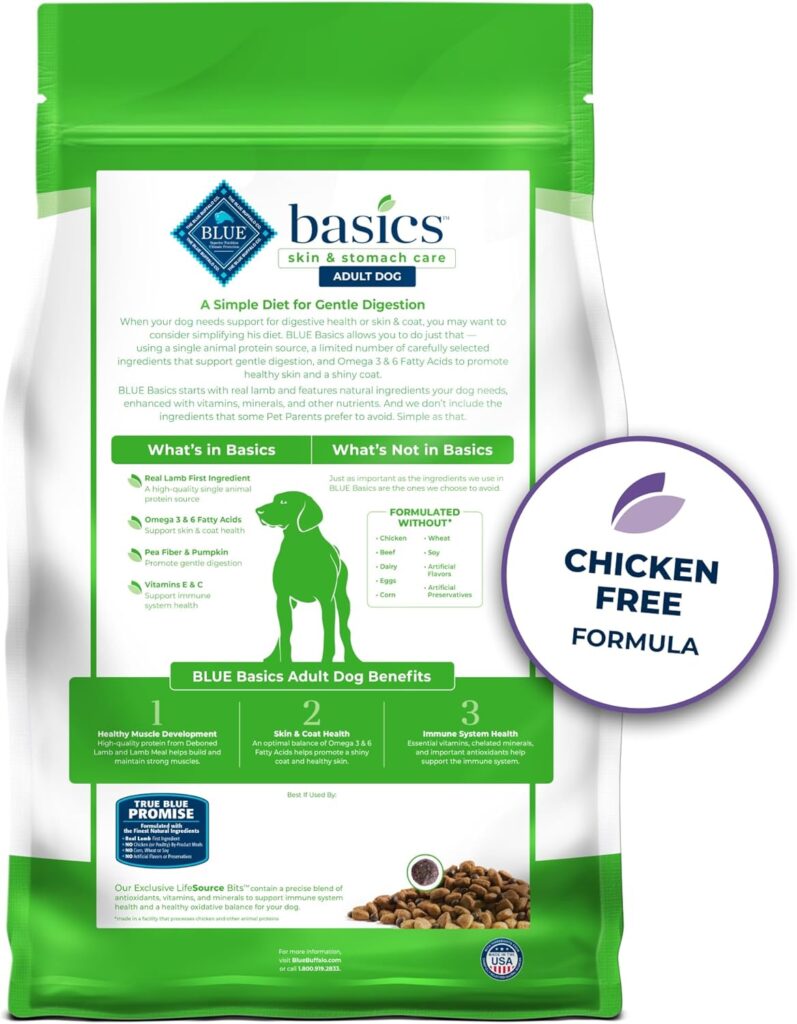 Blue Buffalo Basics Grain-Free Adult Dry Dog Food, Skin  Stomach Care, Limited Ingredient Diet for Dogs, Salmon Recipe, 4-lb. Bag