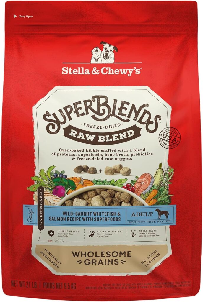 Stella  Chewys SuperBlends Raw Blend Wholesome Grains Wild-Caught Whitefish  Salmon Recipe with Superfoods, 3.25 lb. Bag