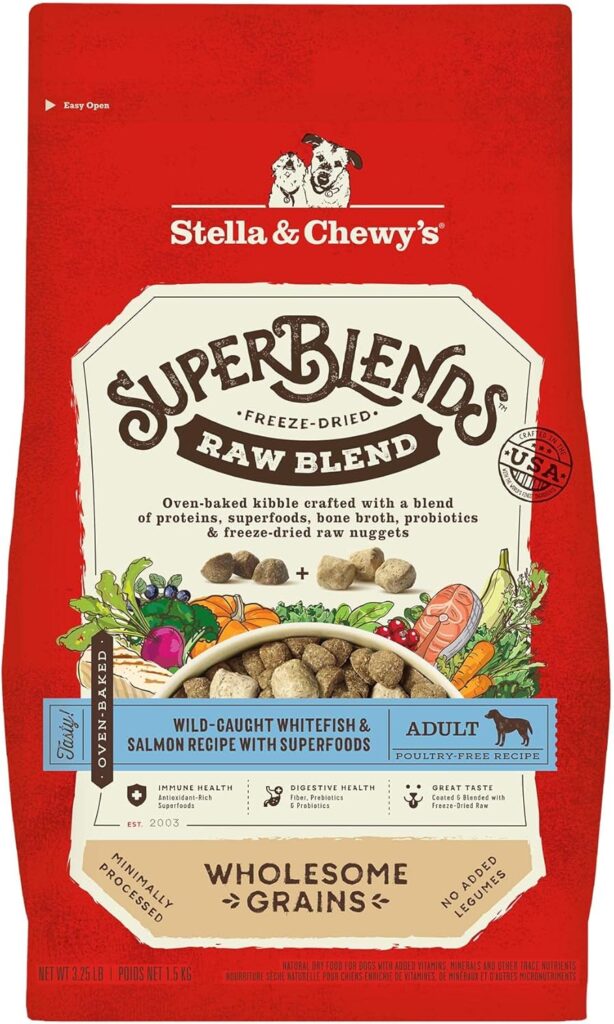 Stella  Chewys SuperBlends Raw Blend Wholesome Grains Wild-Caught Whitefish  Salmon Recipe with Superfoods, 3.25 lb. Bag
