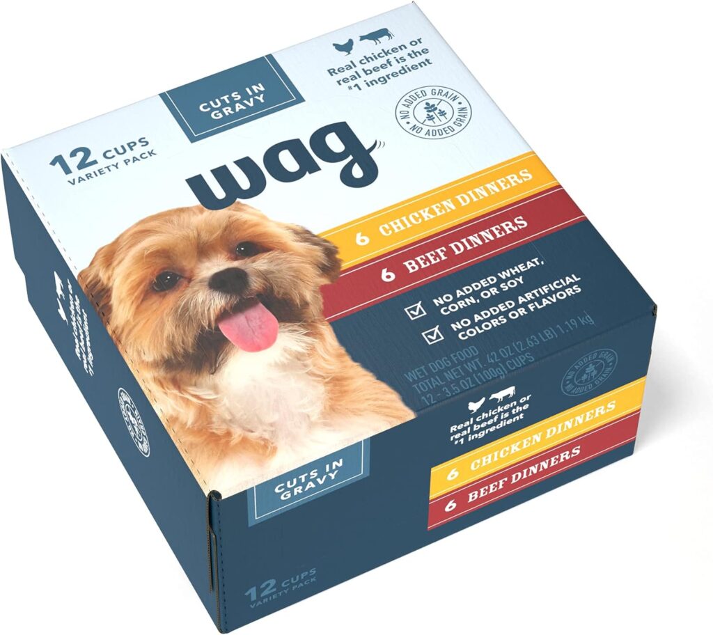 Amazon Brand – Wag Wet Dog Food Cups, Chicken  Beef in Gravy Variety Pack, 3.5oz, 12 pack