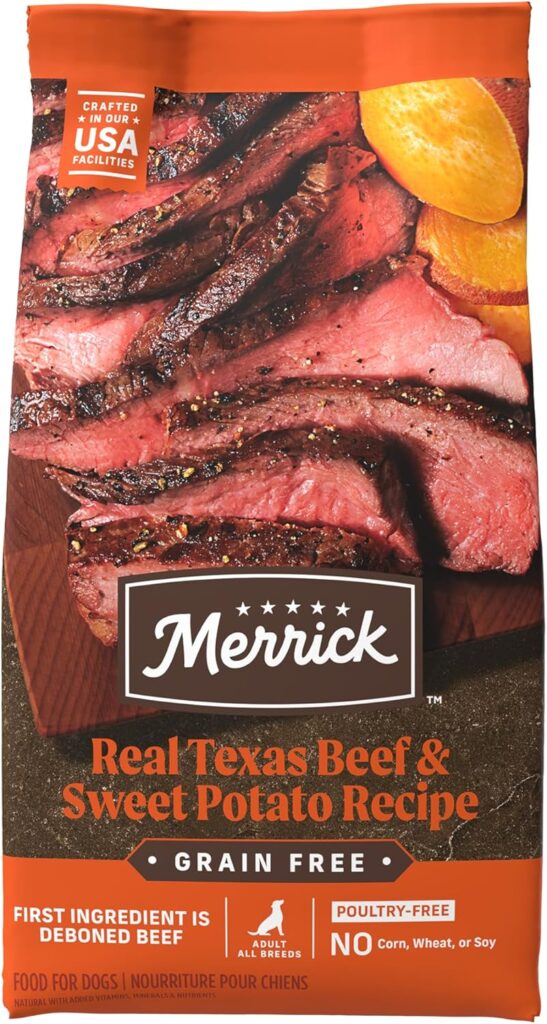 Merrick Premium Grain Free Dry Adult Dog Food, Wholesome And Natural Kibble, Real Texas Beef And Sweet Potato - 10.0 lb. Bag Merrick Premium Grain Free Dry Adult Dog Food, Wholesome And Natural Kibble, Real Texas Beef And Sweet Potato - 10.0 lb. Bag