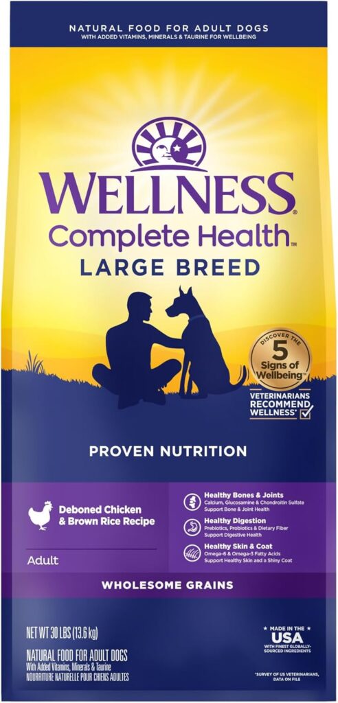 Wellness Complete Health Large Breed Adult Dry Dog Food, No Corn or Wheat, Made in USA with Real Meat, Natural Ingredients, Glucosamine, Probiotics Omega Fatty Acids (30-Pound Bag) Wellness Complete Health Large Breed Adult Dry Dog Food, No Corn or Wheat, Made in USA with Real Meat, Natural Ingredients, Glucosamine, Probiotics Omega Fatty Acids (30-Pound Bag)