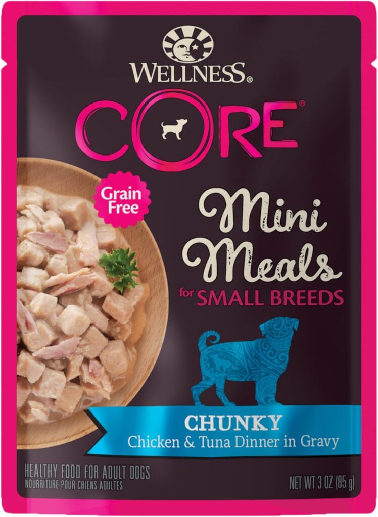 Wellness CORE Natural Grain Free Small Breed Mini Meals Wet Dog Food, Chunky Chicken Tuna Dinner in Gravy, 3-Ounce Pouch (Pack of 12) Wellness CORE Natural Grain Free Small Breed Mini Meals Wet Dog Food, Chunky Chicken Tuna Dinner in Gravy, 3-Ounce Pouch (Pack of 12)