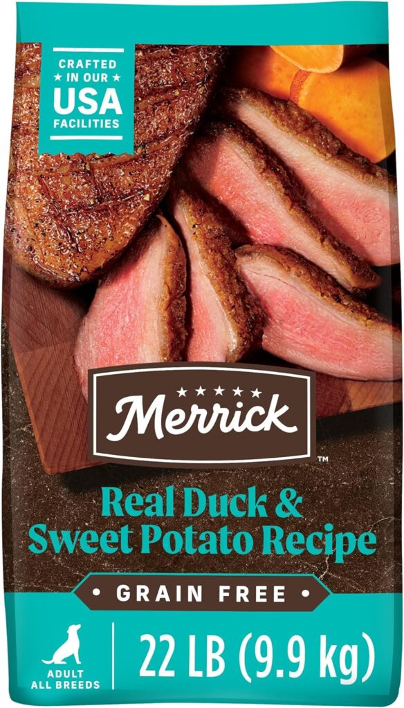 Merrick Premium Grain Free Dry Adult Dog Food, Wholesome and Natural Kibble with Real Duck and Sweet Potato - 22.0 lb. Bag Merrick Premium Grain Free Dry Adult Dog Food, Wholesome and Natural Kibble with Real Duck and Sweet Potato - 22.0 lb. Bag