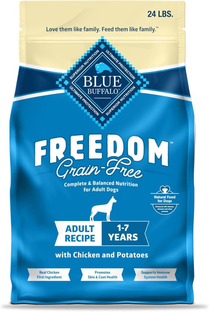 Blue Buffalo Freedom Grain-Free Dry Dog Food, Complete  Balanced Nutrition for Adult Dogs, Made in the USA With Natural Ingredients, Chicken  Potatoes, 24-lb. Bag