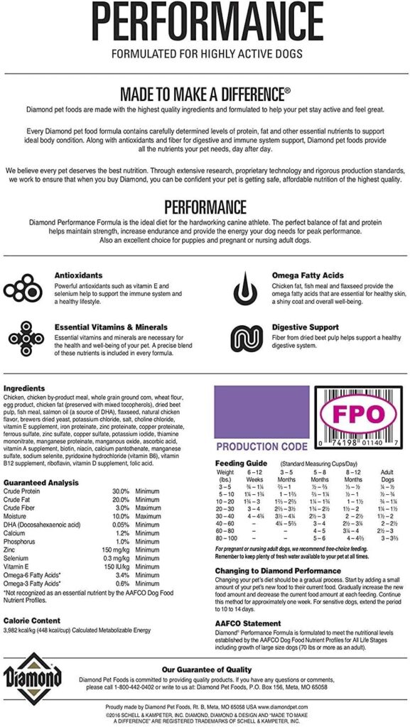 Diamond Performance Recipe with Meat First, High Protein, Grains and No Peas, Lentils, Chickpeas, Potatoes, or Sweet Potatoes 40 Pound (Pack of 1) Diamond Performance Recipe with Meat First, High Protein, Grains and No Peas, Lentils, Chickpeas, Potatoes, or Sweet Potatoes 40 Pound (Pack of 1)