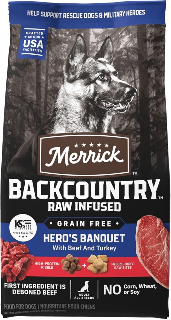 Merrick Backcountry Grain Free Dry Adult Dog Food, Kibble With Freeze Dried Raw Pieces, Hero’s Banquet Recipe - 4.0 lb. Bag Merrick Backcountry Grain Free Dry Adult Dog Food, Kibble With Freeze Dried Raw Pieces, Hero’s Banquet Recipe - 4.0 lb. Bag