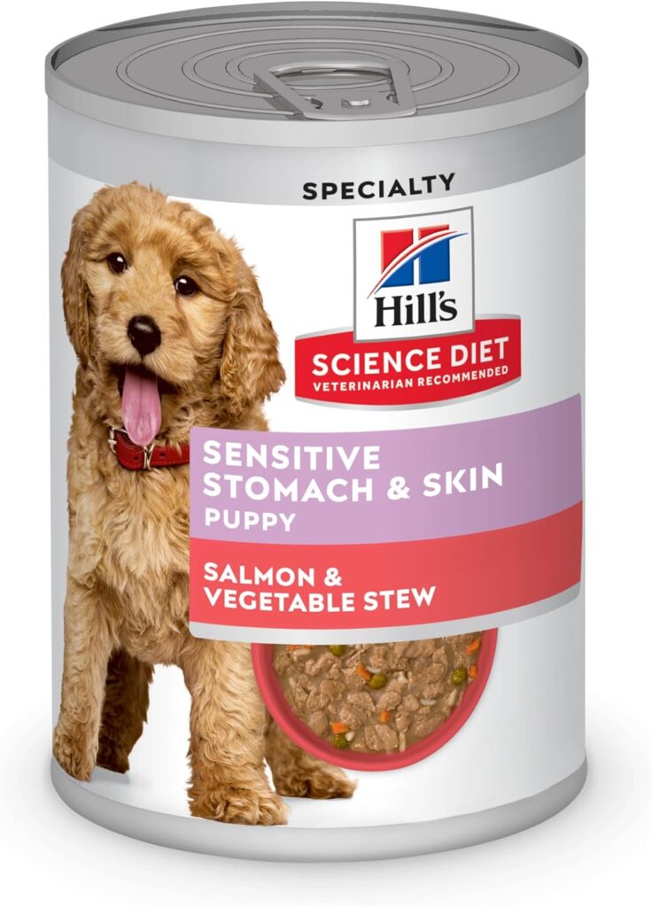 Hills Science Diet Sensitive Stomach Skin, Puppy, Wet Dog Food, Salmon Vegetable Stew, 12.5 oz. Cans, Case of 12 Hills Science Diet Sensitive Stomach Skin, Puppy, Wet Dog Food, Salmon Vegetable Stew, 12.5 oz. Cans, Case of 12