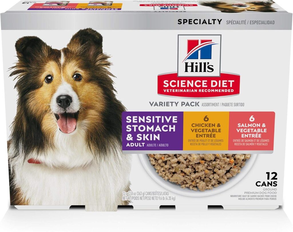 Hills Science Diet Sensitive Stomach  Skin,Adult 1-6, Stomach  Skin Sensitivity Support,Wet Dog Food,Variety Pack:Chicken  Vegetables; Salmon  Vegetables Loaf,12.8 oz Can Variety Pack, Case of 12