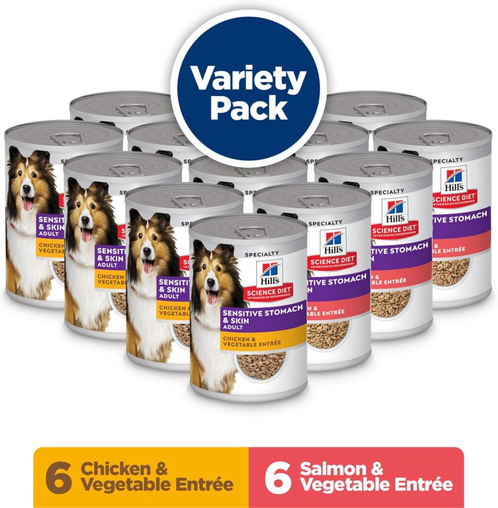 Hills Science Diet Sensitive Stomach  Skin,Adult 1-6, Stomach  Skin Sensitivity Support,Wet Dog Food,Variety Pack:Chicken  Vegetables; Salmon  Vegetables Loaf,12.8 oz Can Variety Pack, Case of 12