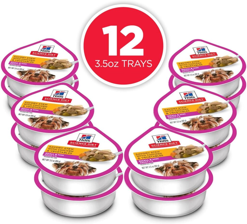 Hills Science Diet Small Mini, Adult 1-6, Small Mini Breeds Premium Nutrition, Wet Dog Food, Variety Case: Chicken Vegetables; Salmon Vegetables Stew, 3.5 oz Tray Variety Case, Case of 12 Hills Science Diet Small Mini, Adult 1-6, Small Mini Breeds Premium Nutrition, Wet Dog Food, Variety Case: Chicken Vegetables; Salmon Vegetables Stew, 3.5 oz Tray Variety Case, Case of 12
