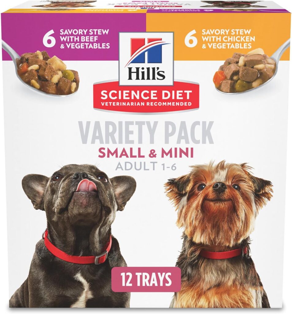 Hills Science Diet Small Mini, Adult 1-6, Small Mini Breeds Premium Nutrition, Wet Dog Food, Variety Case: Chicken Vegetables; Salmon Vegetables Stew, 3.5 oz Tray Variety Case, Case of 12 Hills Science Diet Small Mini, Adult 1-6, Small Mini Breeds Premium Nutrition, Wet Dog Food, Variety Case: Chicken Vegetables; Salmon Vegetables Stew, 3.5 oz Tray Variety Case, Case of 12