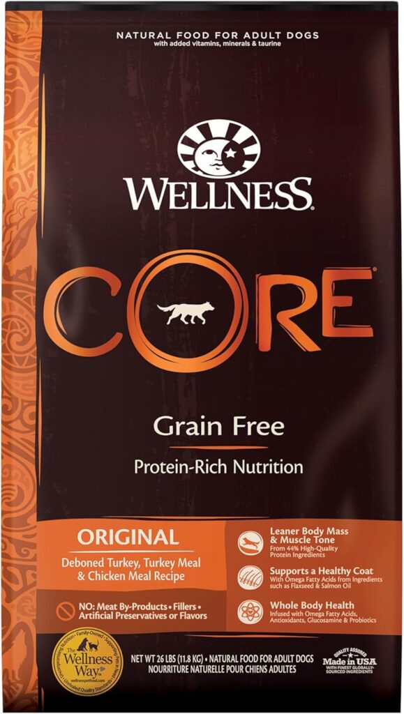 Wellness CORE Grain-Free High-Protein Dry Dog Food, Made in USA with Real Meat  Natural Ingredients, All Breeds, Adult Dogs (Turkey  Chicken, 26-lb) With Nutrients for Immune, Skin,  Coat Support