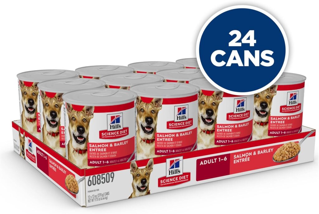 Hills Science Diet Adult 1-6, Adult 1-6 Premium Nutrition, Wet Dog Food, Salmon  Barley Loaf, 13 oz Can, Case of 12