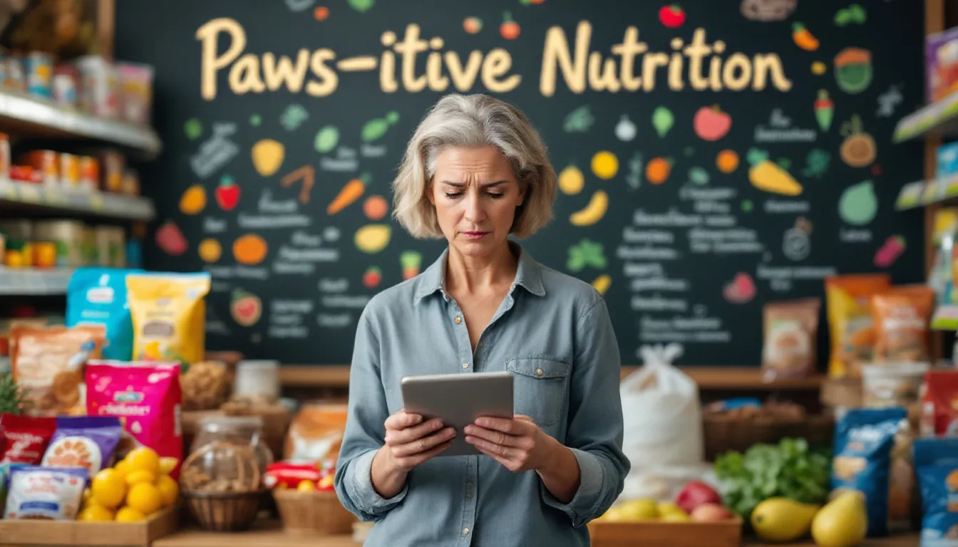 A dog owner examining pet food labels in a store, showcasing the importance of understanding dog nutrition.