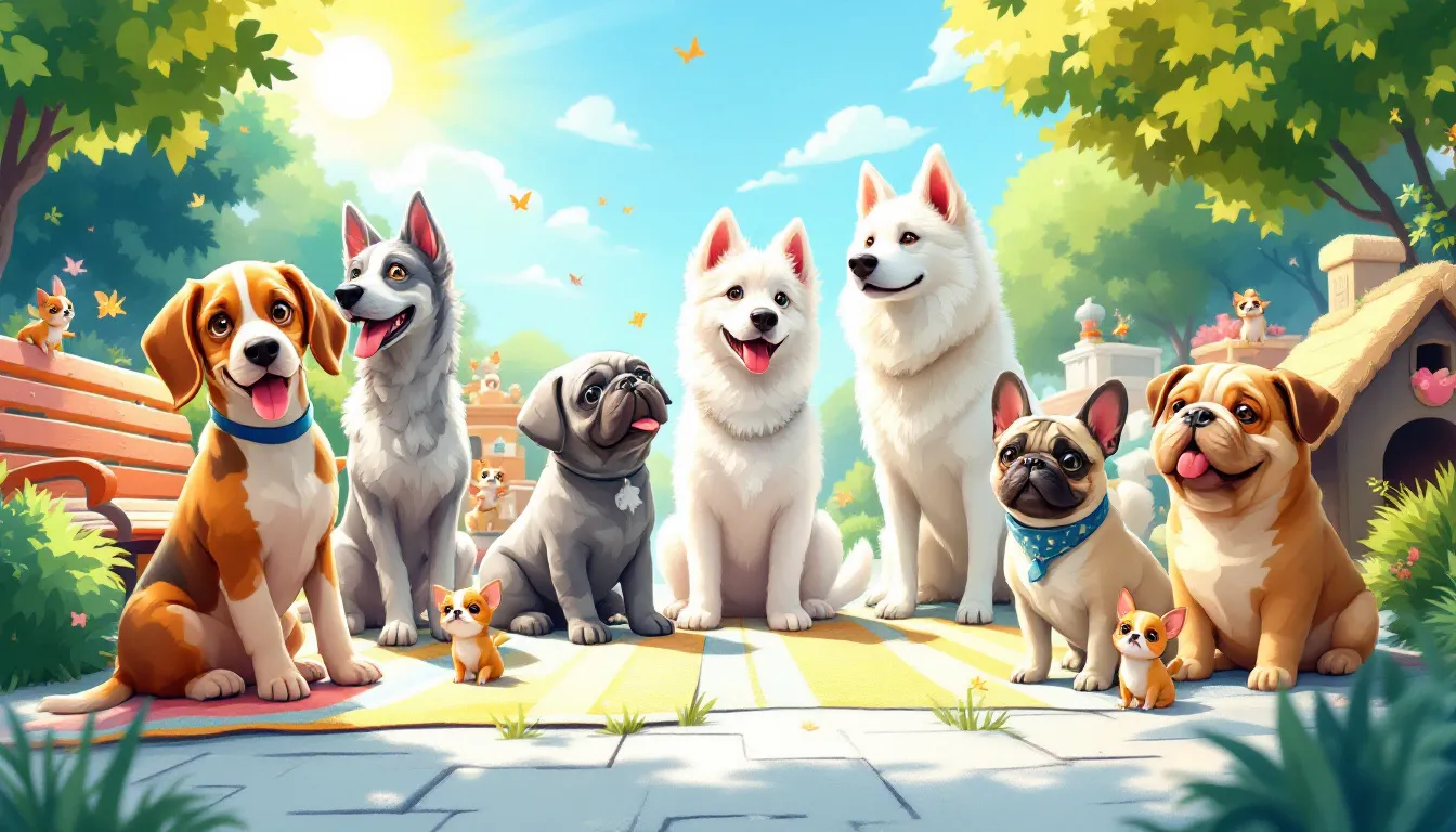 Various dog breeds available for adoption, showcasing diversity in size and appearance.