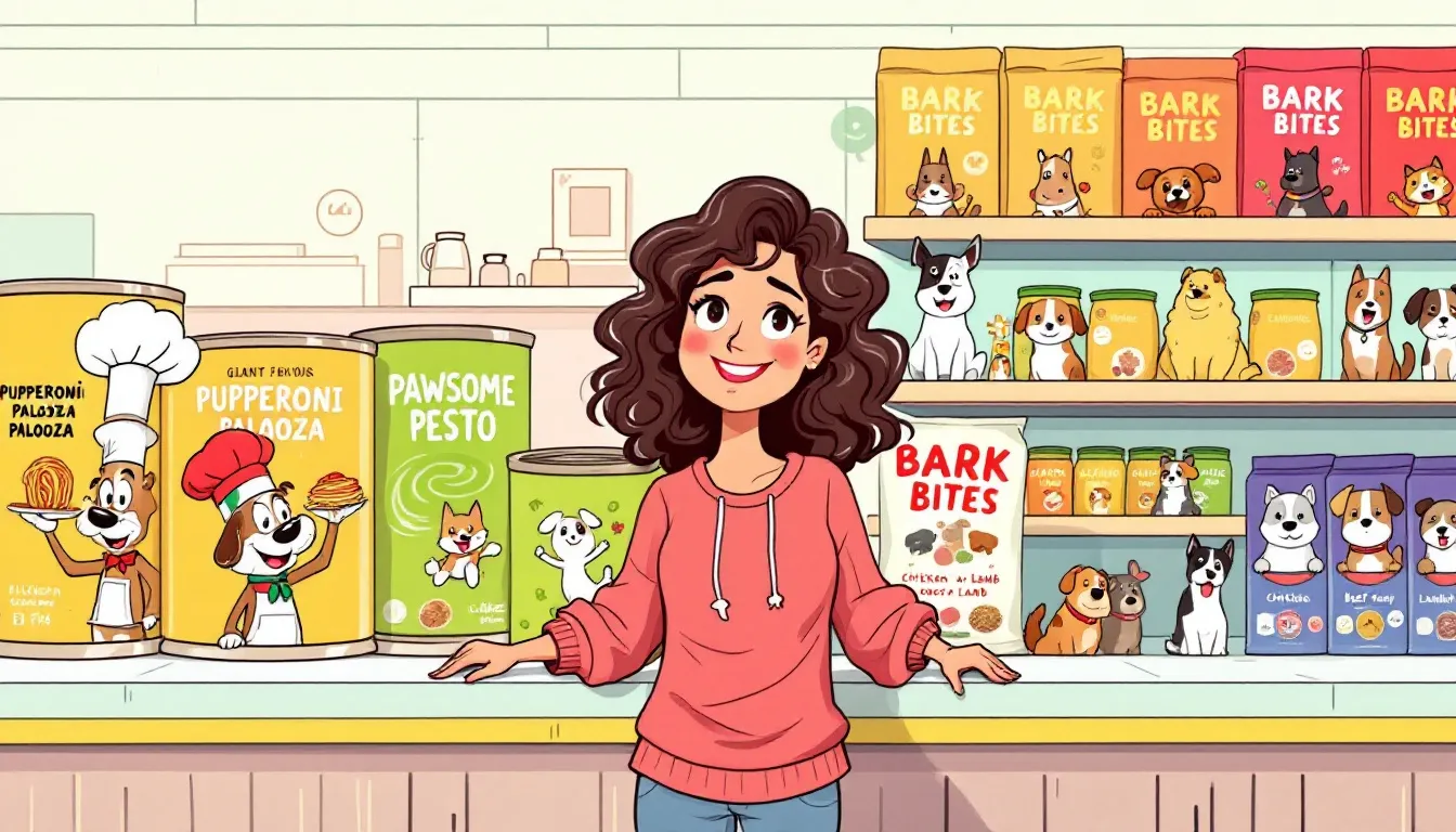 A pet owner selecting dog food from a store shelf, considering different types of dog food.