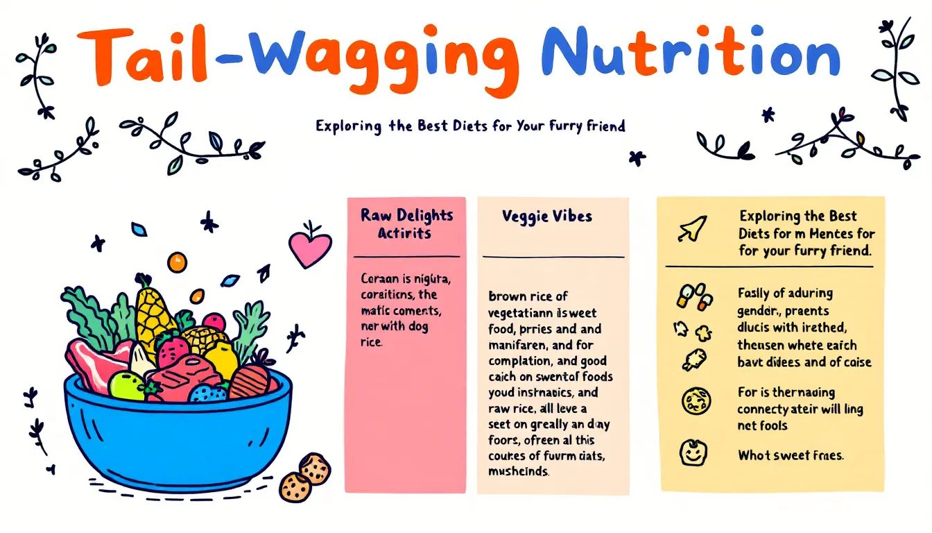 A collection of different dog food types, including raw, vegetarian, and commercial options, representing special diets for dogs.