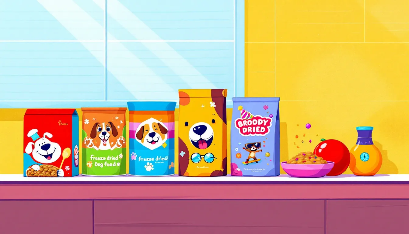 An assortment of freeze-dried dog food packages displayed on a countertop.